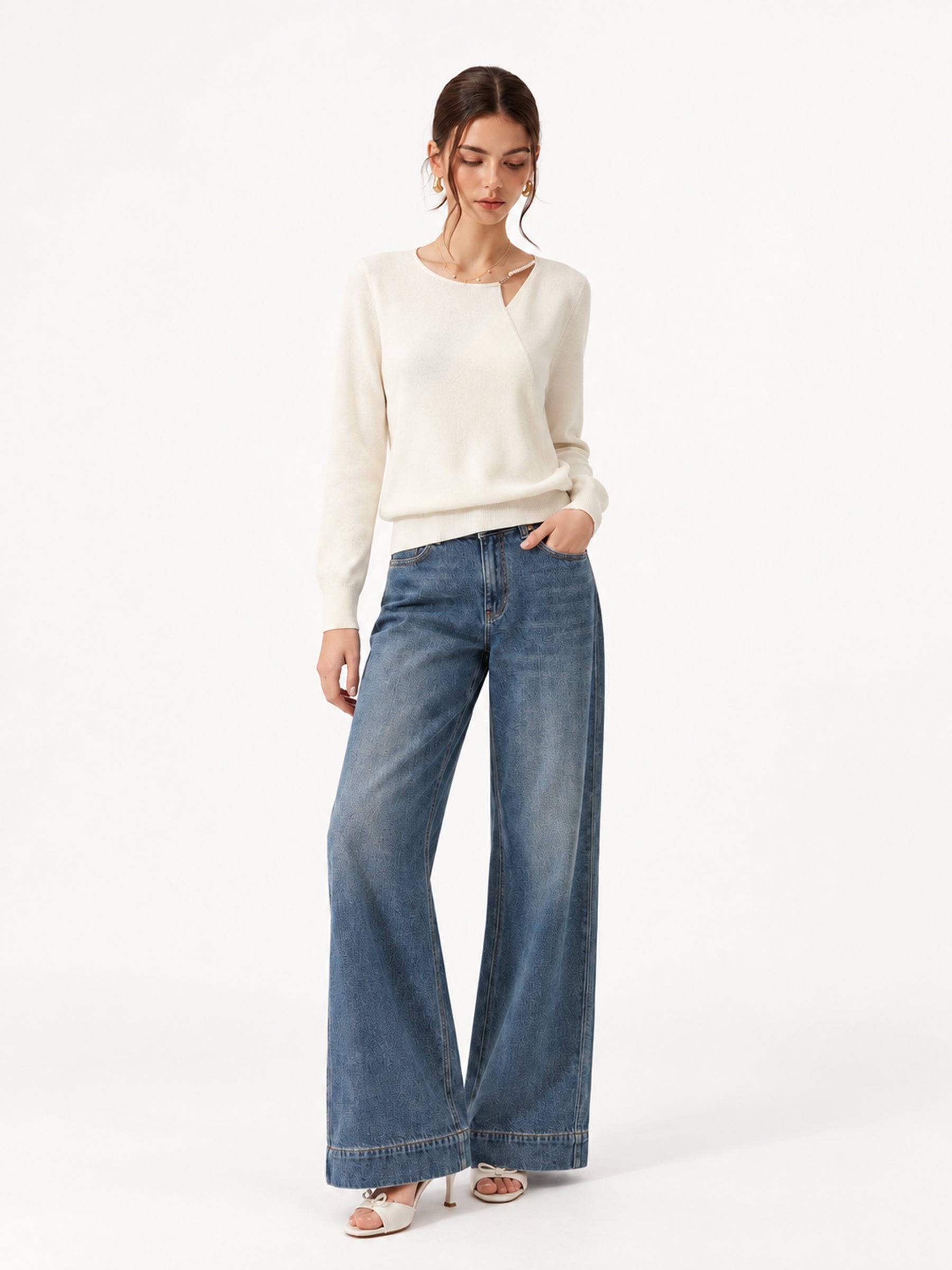 Lyocell Wool Blend Asymmetrical Neck Women Knit Top GOELIA