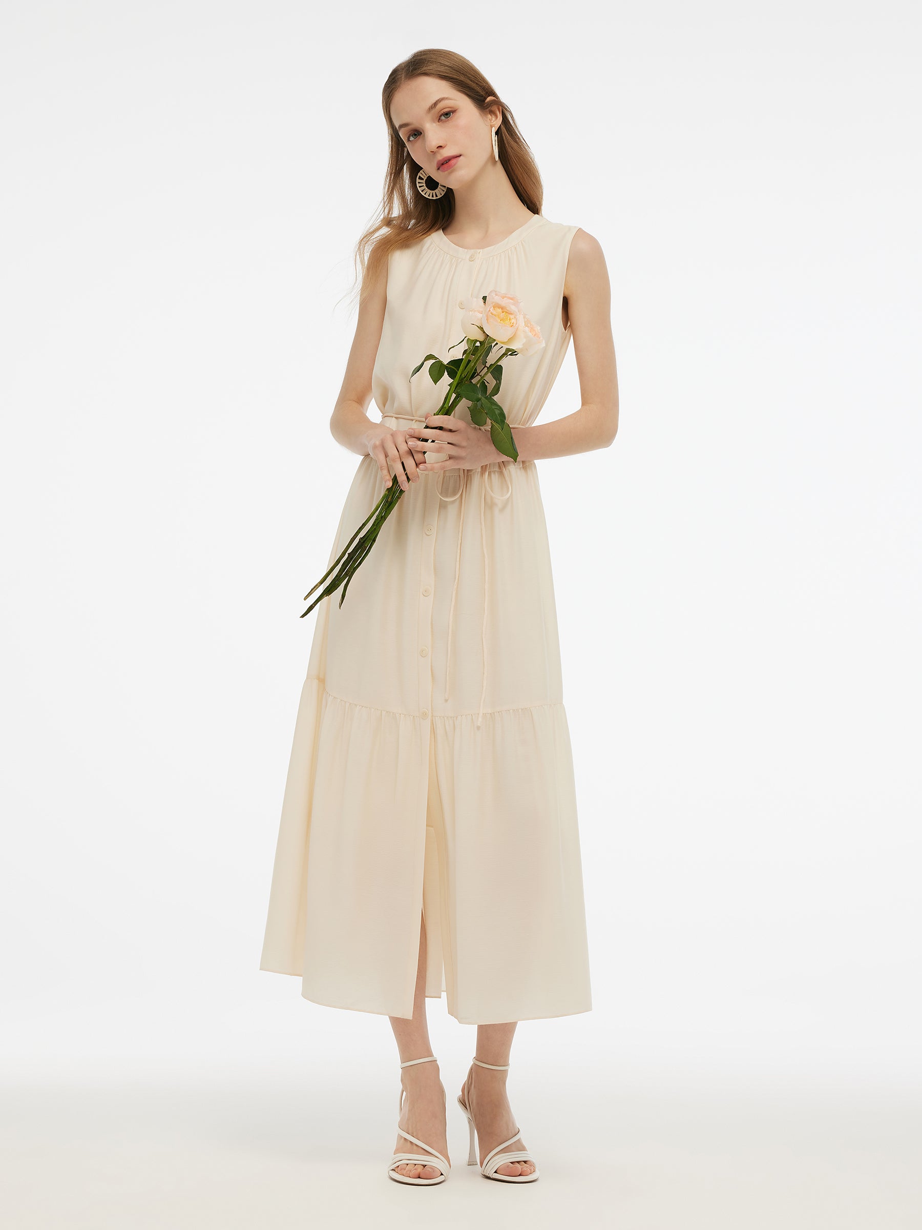 Acetate Blend Loose Fit Women A-Line Maxi Vest Dress With Belt GOELIA