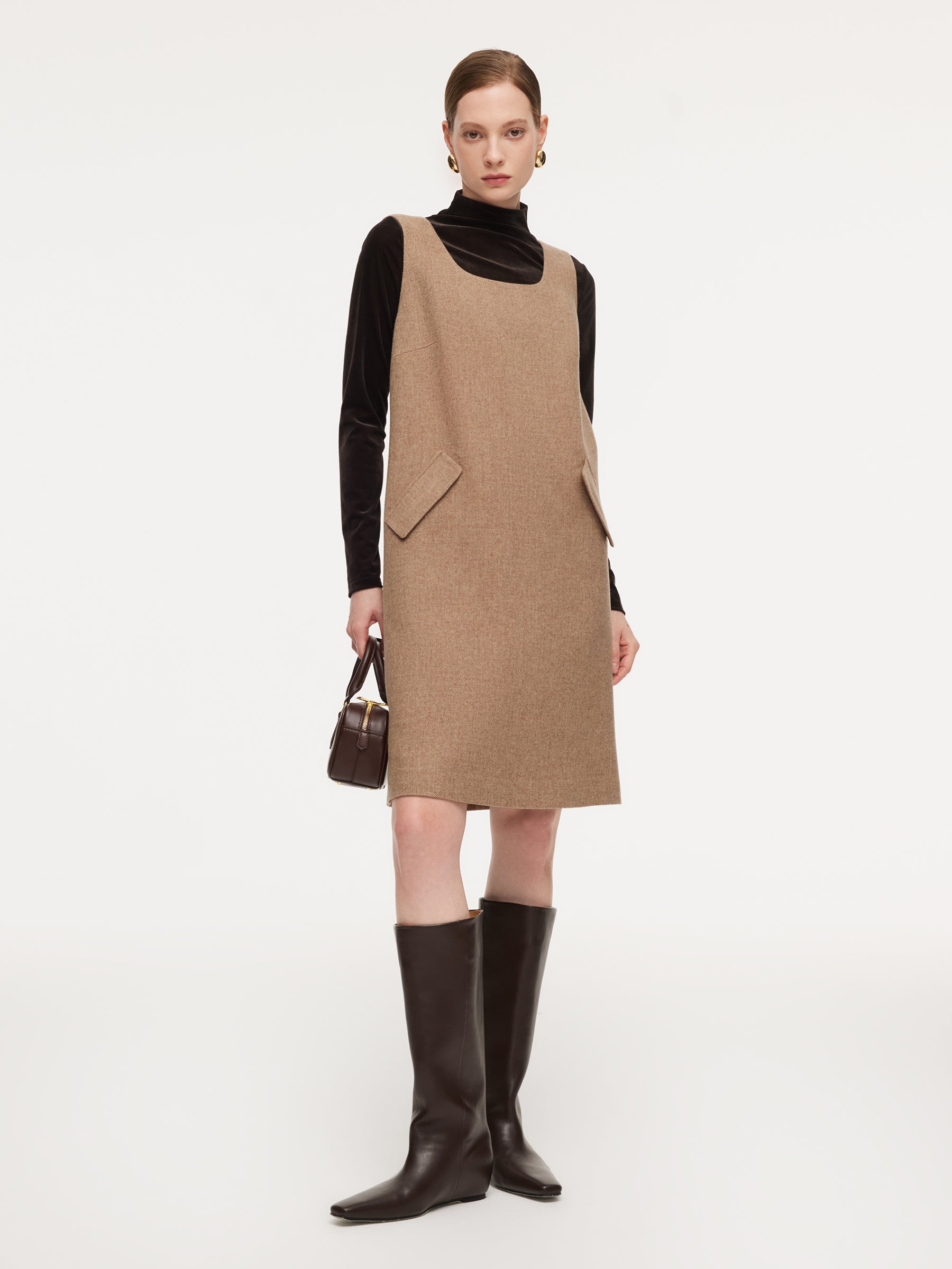 Washable Wool Cashmere Blend Sleeveless Dress And Velvet Knit Top Two-Piece Set GOELIA