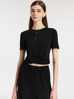 Acetate Crop T-shirt And Straight Pants Two-Piece Set GOELIA
