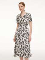 Jacquard Floral Print Twist Front Women V-Neck Midi Dress GOELIA