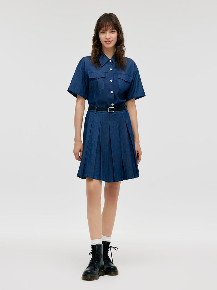 Double-Layer Denim Women Mini Dress With Belt GOELIA