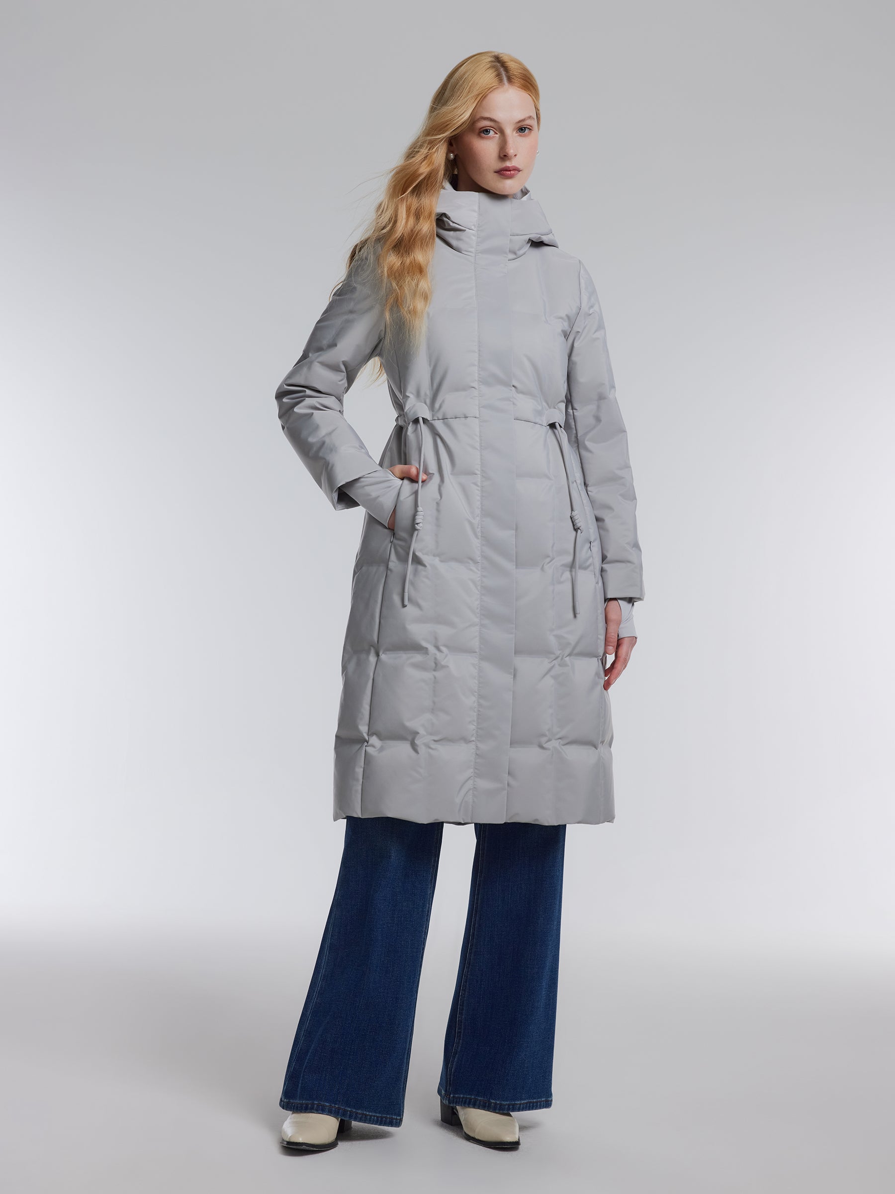 [Preview] Drawstring Waist Hooded Goose Down Overcoat GOELIA