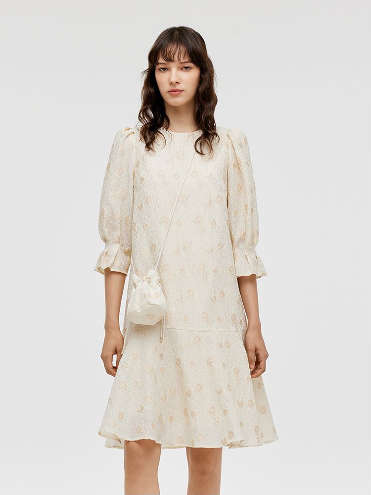 Jacquard A-Line Ruffle Women Midi Dress With Bag GOELIA