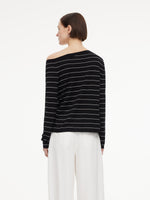 [Preview] Tencel Mulberry Silk Blend One Shoulder Women Stripe Knit Top GOELIA