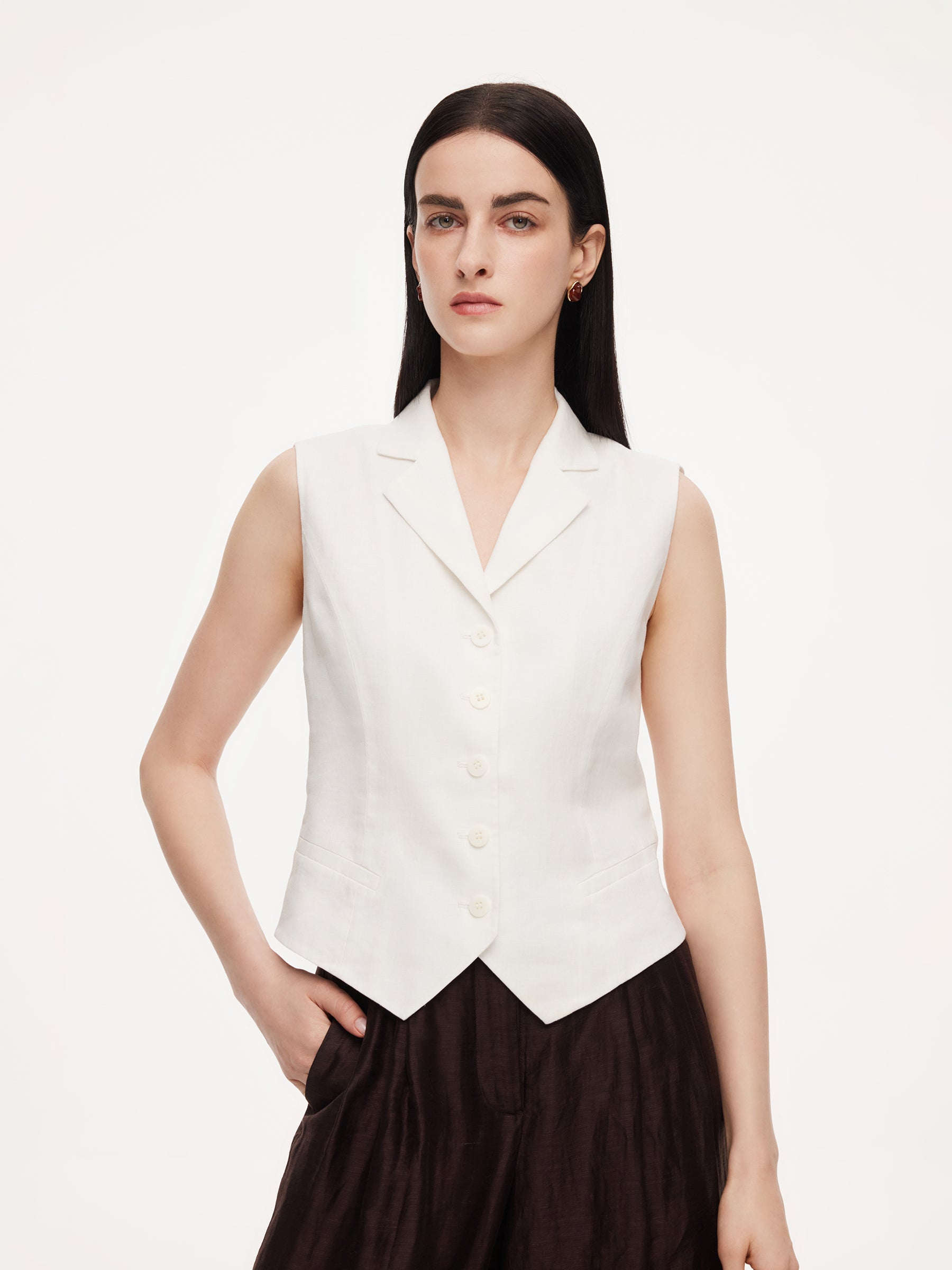 100% Linen Lapel Women V-Neck Vest GOELIA