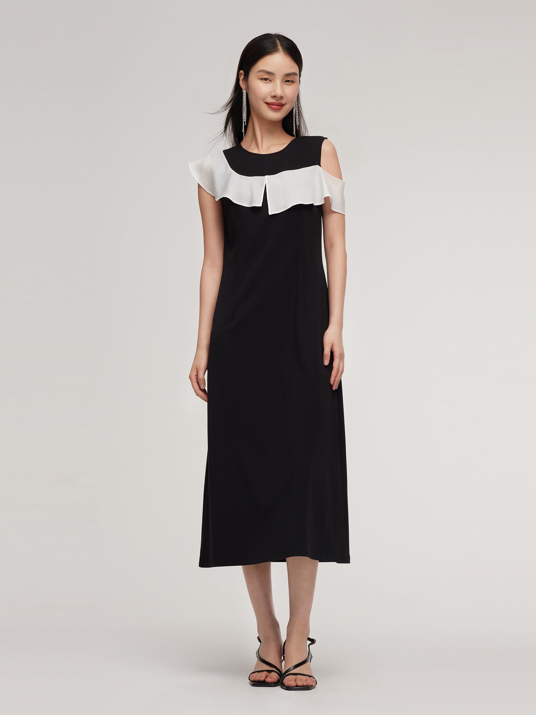 Color Block Ruffle Women Knit Midi Dress GOELIA