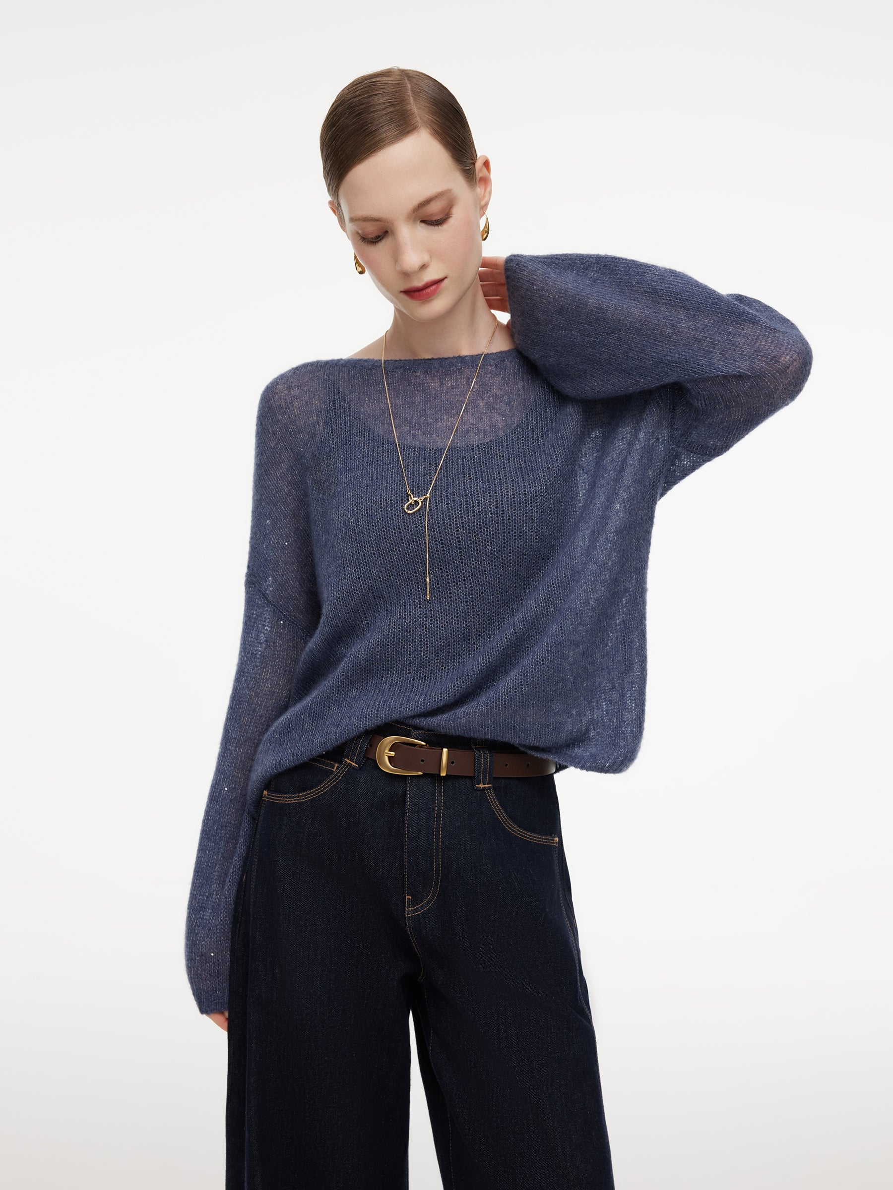Cashmere Mulberry Silk Blend Boat Neck Women Knit Top GOELIA