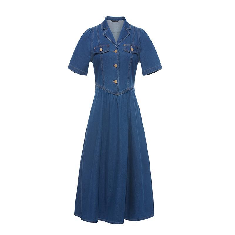 V-neck Gathered Waist Denim Midi Collared Dress GOELIA