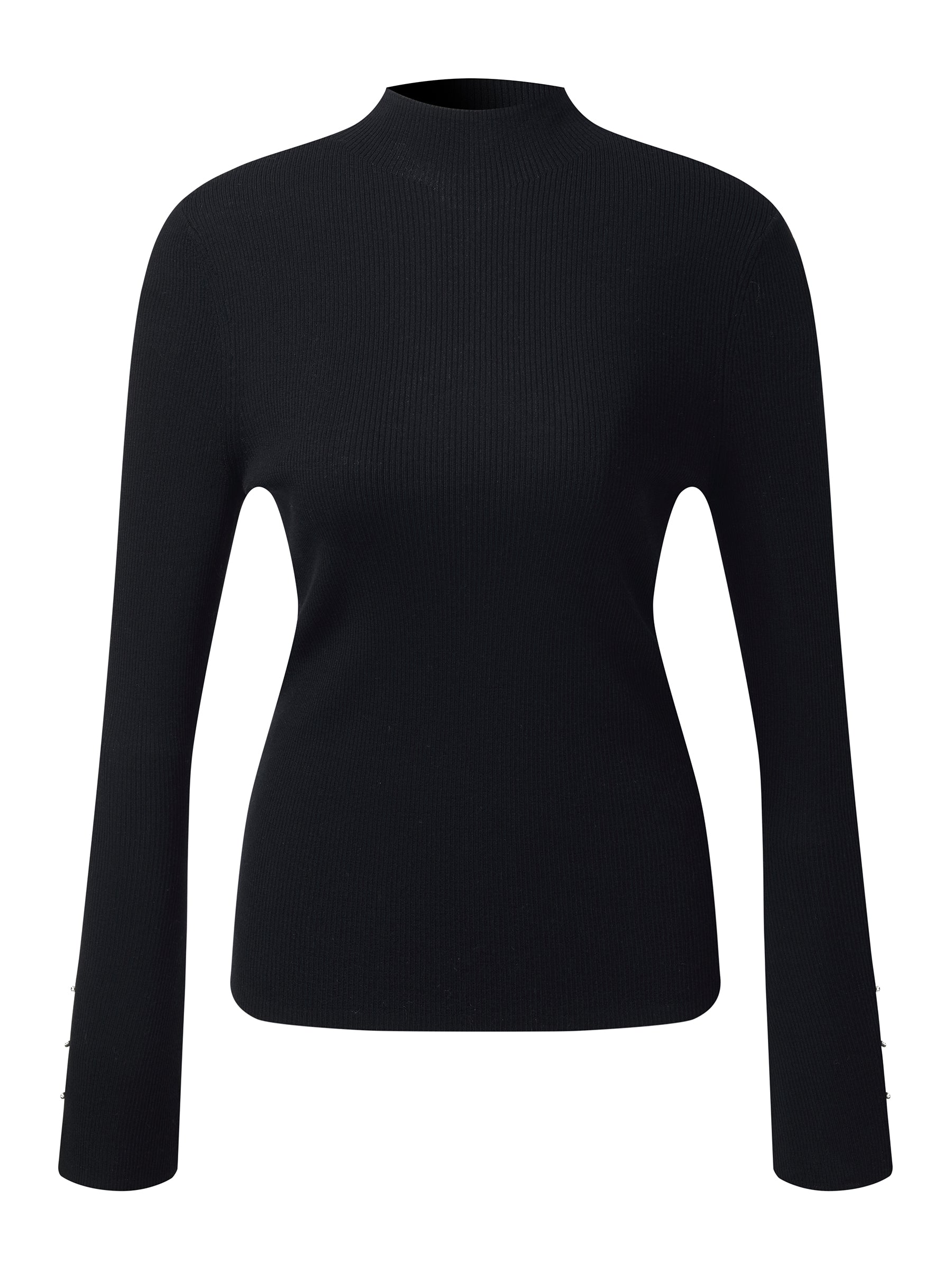 [Preview] 100% Machine Washable Wool Beaded Cuffs Women Mock Neck Knit Top GOELIA