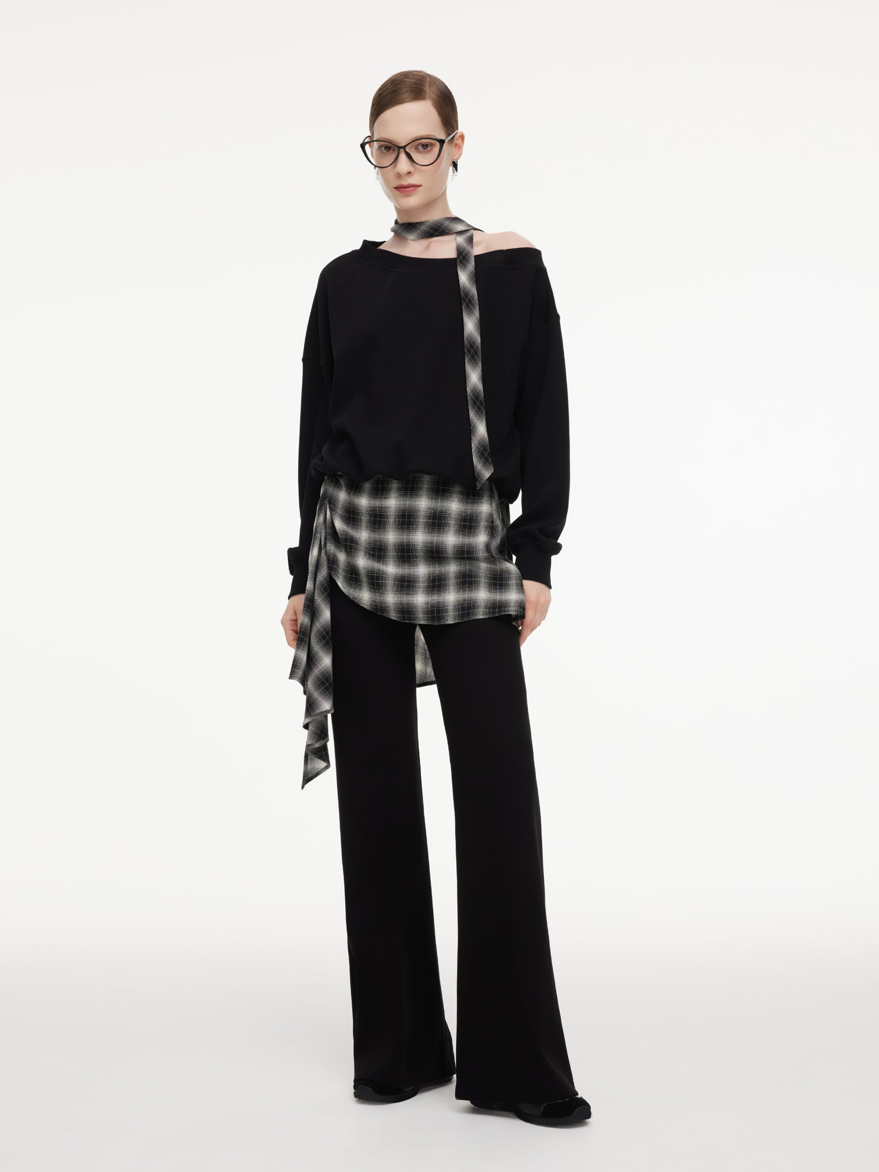 Cotton Scuba One-Shoulder Women Sweatshirt With Plaid Ribbon GOELIA