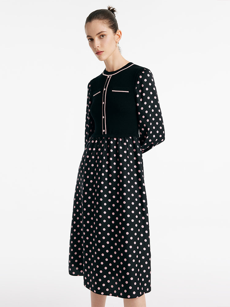 22 Momme Mulberry Silk Patchwork Polka Dots Printed Women Midi Dress GOELIA