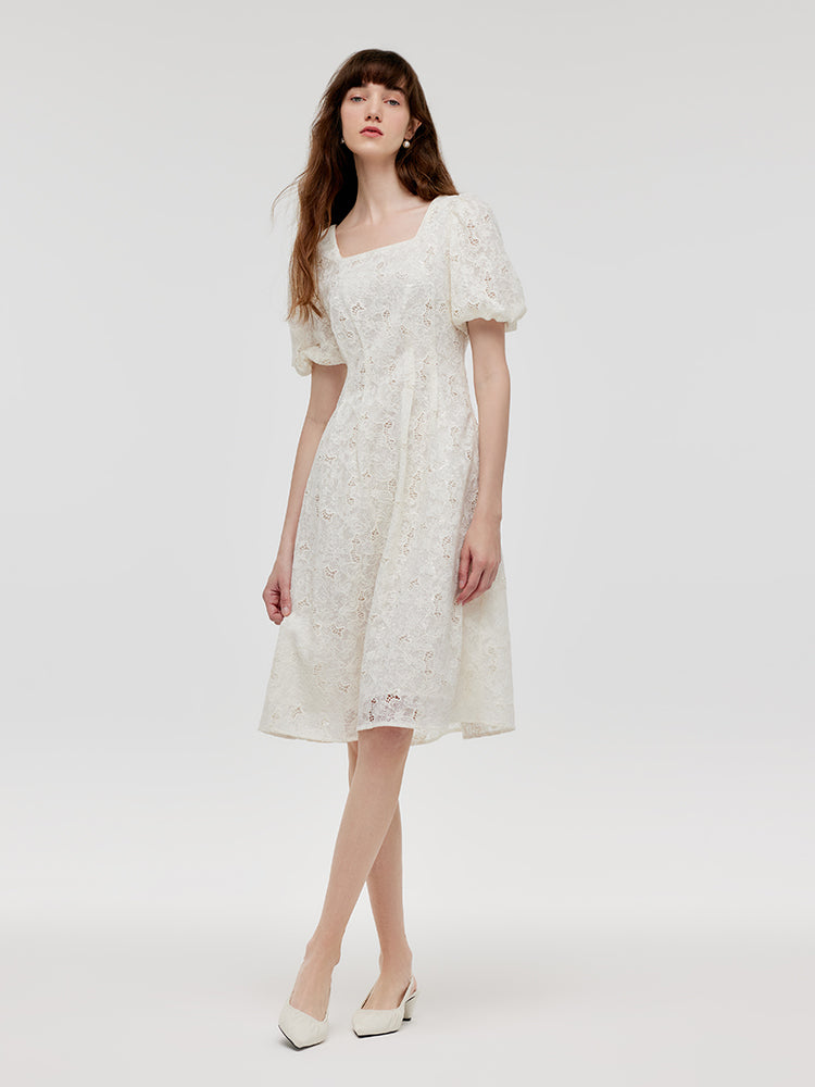 Lace Puff Sleeves Women Midi Dress With Belt GOELIA