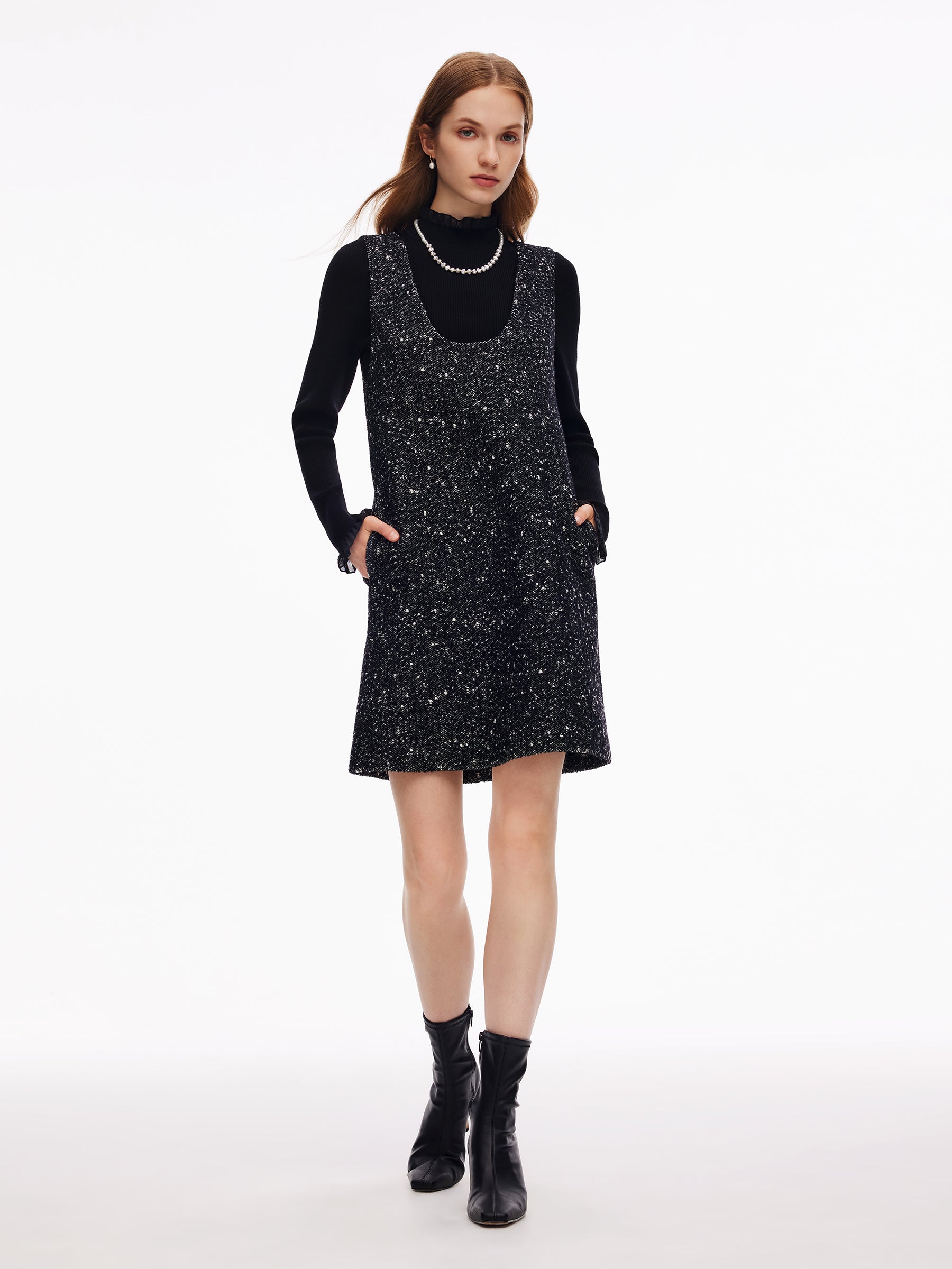 Wool Blend Sleeveless Mini Dress And Mock Neck Knit Top Two-Piece Set GOELIA