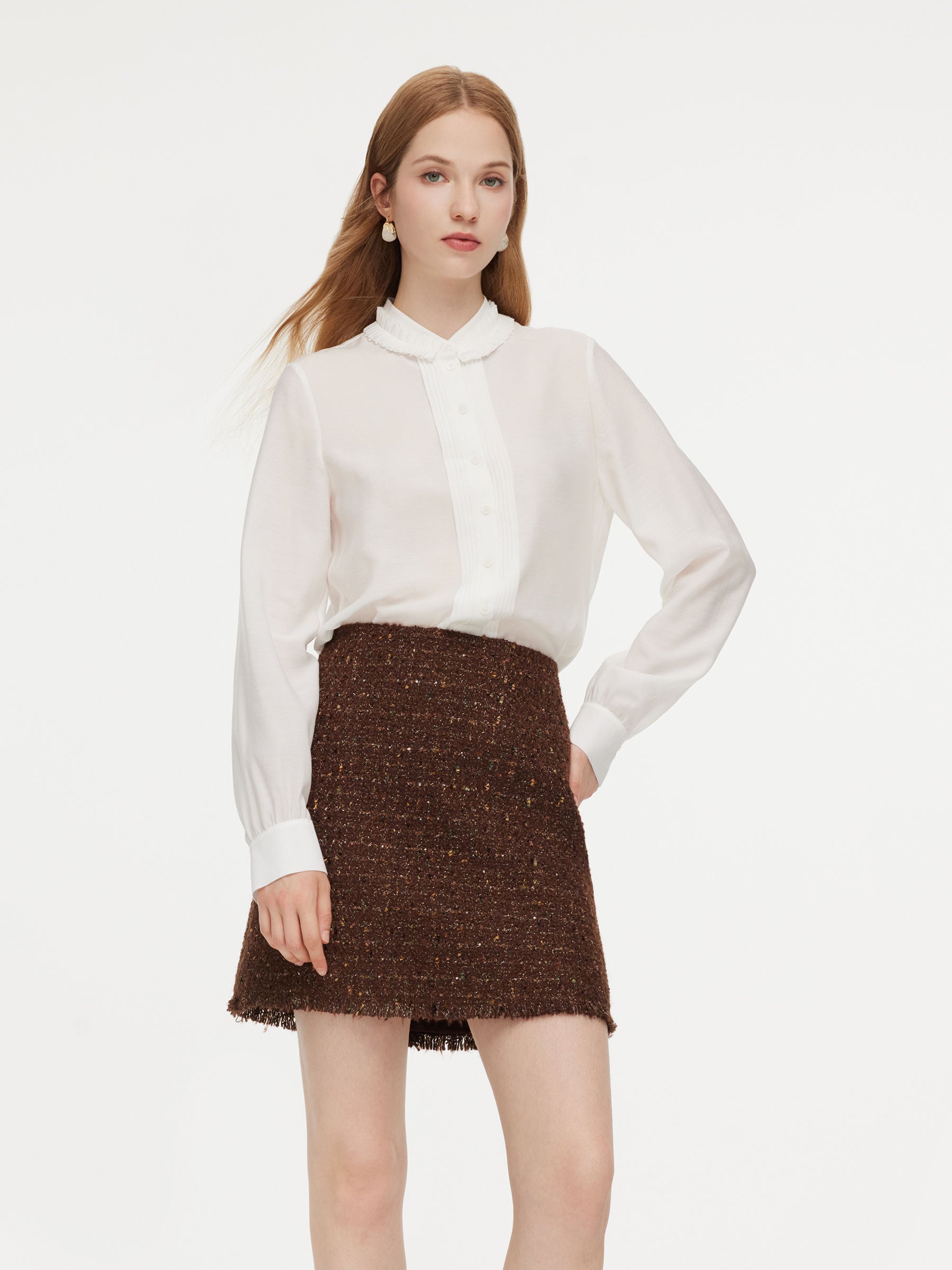 Acetate Blend Pleated Ruffle Collar Women Shirt GOELIA