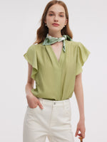 Acetate Blend V-Neck Women Ruffle Sleeve Blouse GOELIA