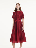 Tencel Blend Ruffle Neck Puff Sleeves Women Belted Maxi Dress GOELIA