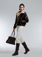 [Preview] PU Leather Goose Down Jacket With Detachable Faux Fur Collar GOELIA