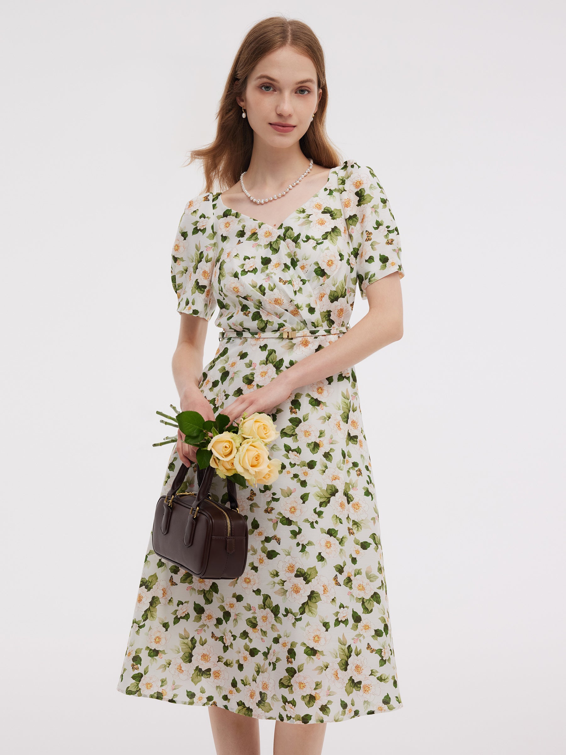 Acetate Blend Floral Print Women V-Neck Midi Dress With Belt GOELIA