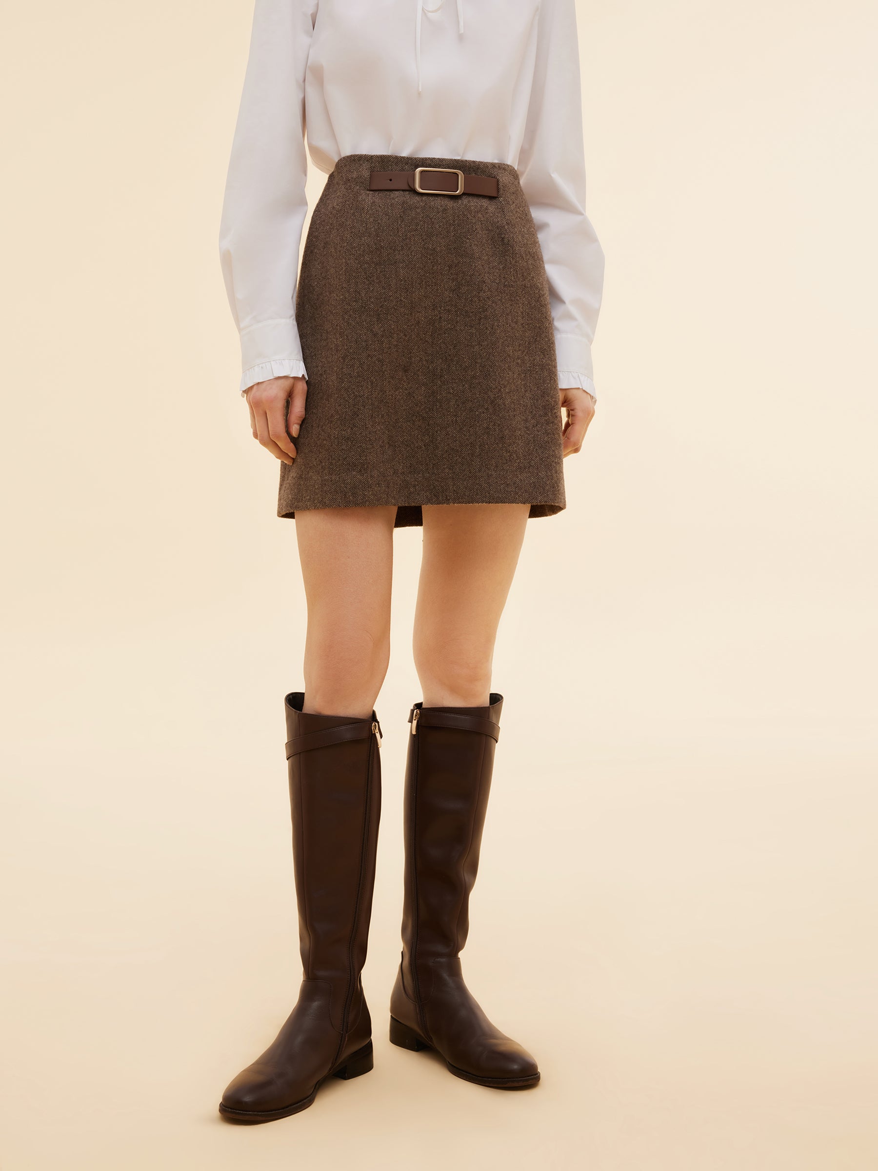 100% Washable Wool Women A-Line Skirt With Leather Belt GOELIA