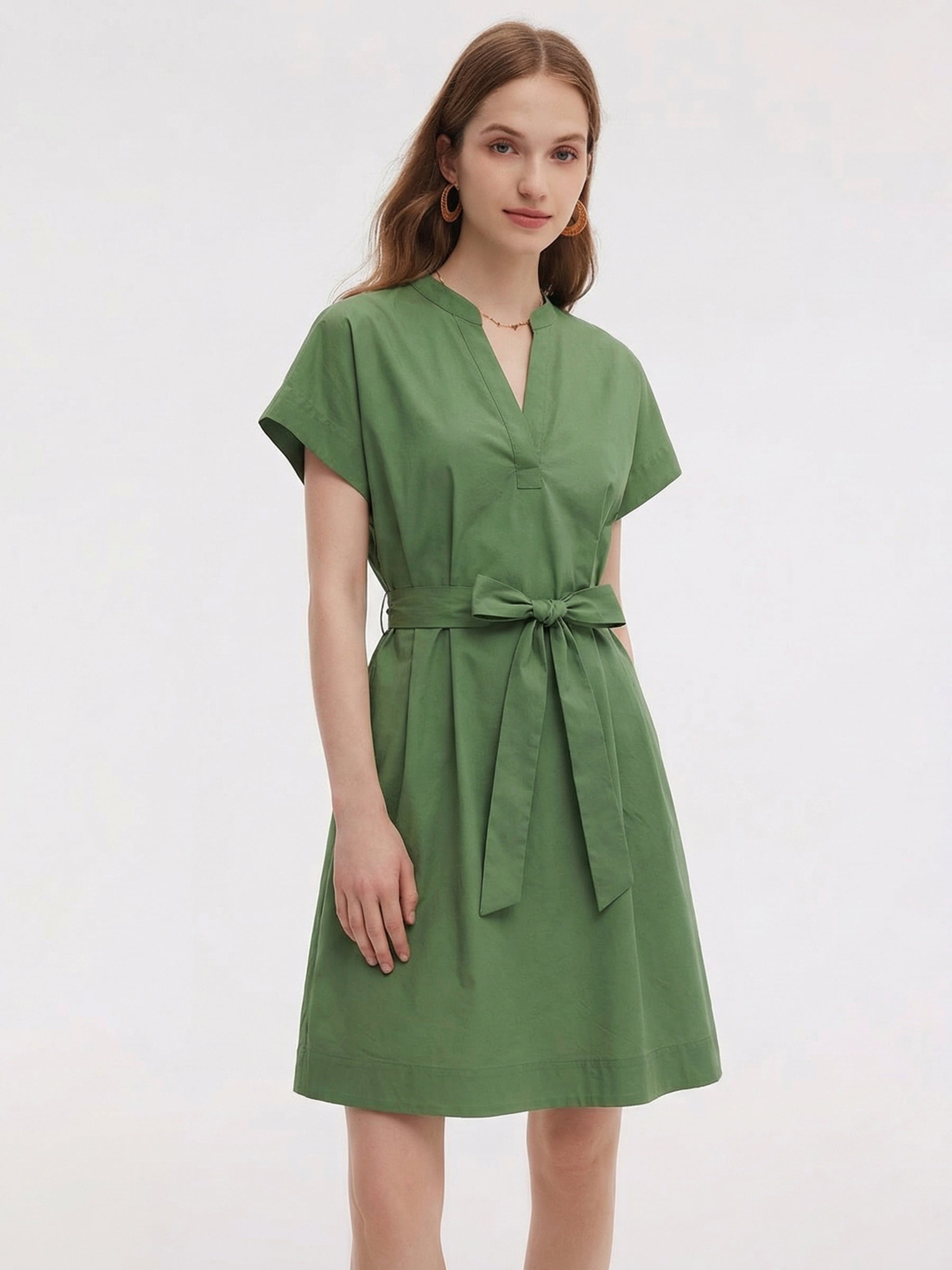 white christmas dresses Cotton Gathered Waist Women Belted Mini Dress – GOELIA