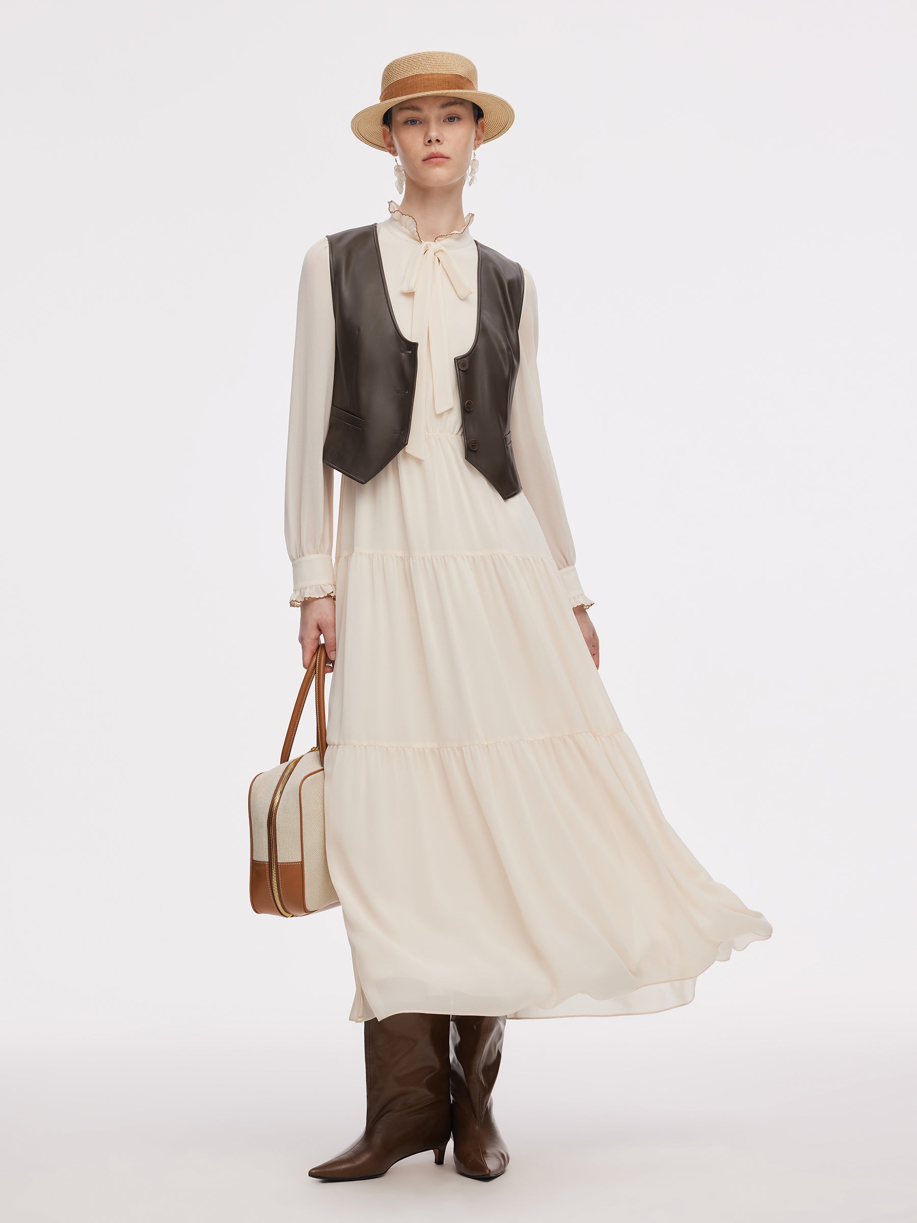 Chiffon Tie Front Maxi Dress And PU Leather Vest Two-Piece Set GOELIA