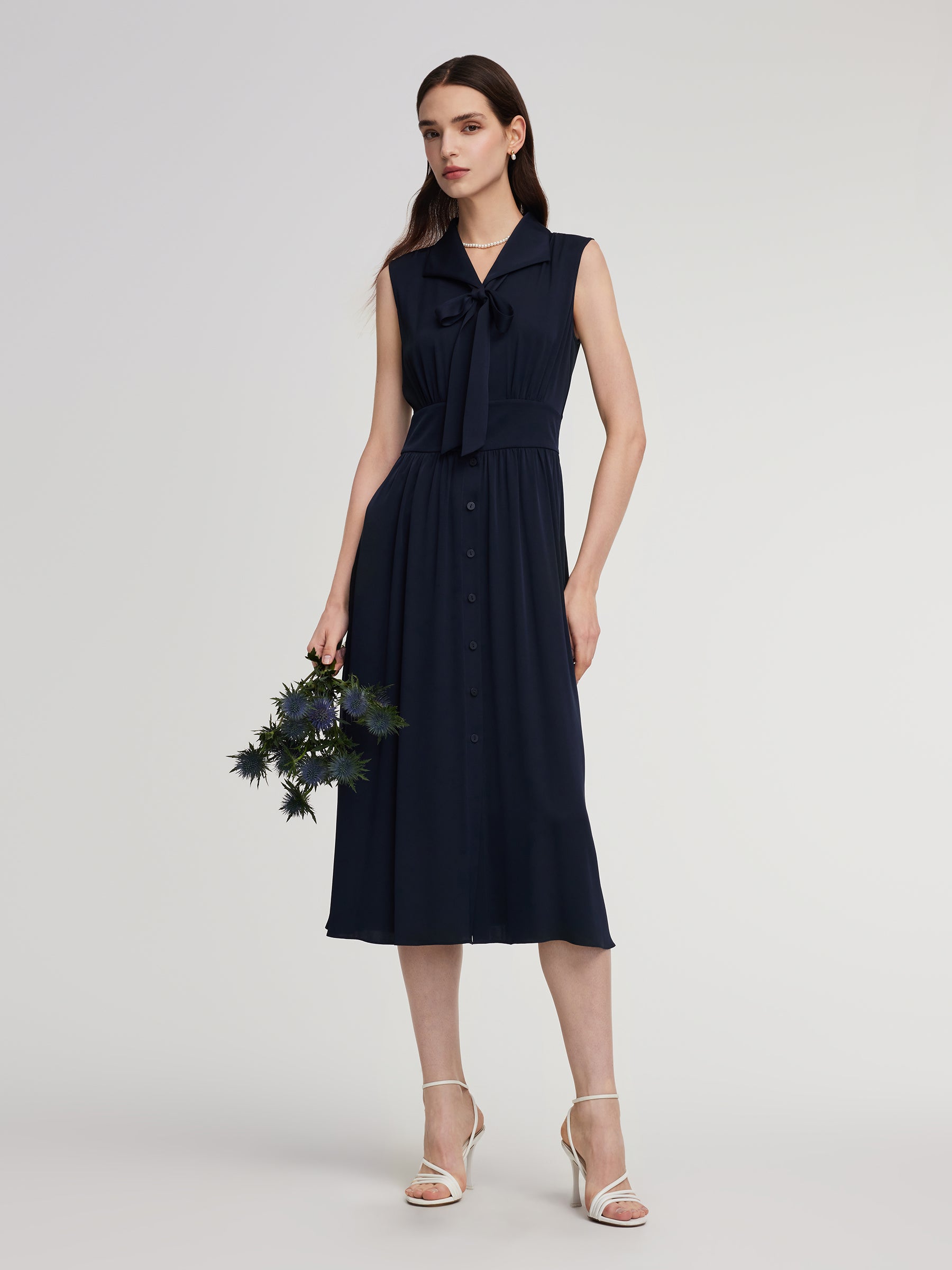 [Preview] 22MM Mulberry Silk Gathered Waist Women Sleeveless Maxi Dress With Ribbon GOELIA