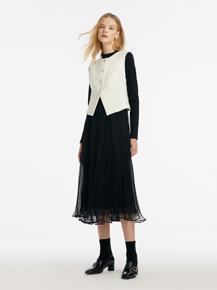 Sheath Sweater And Tulle Skirt And Vest Three-Piece Set With Belt GOELIA