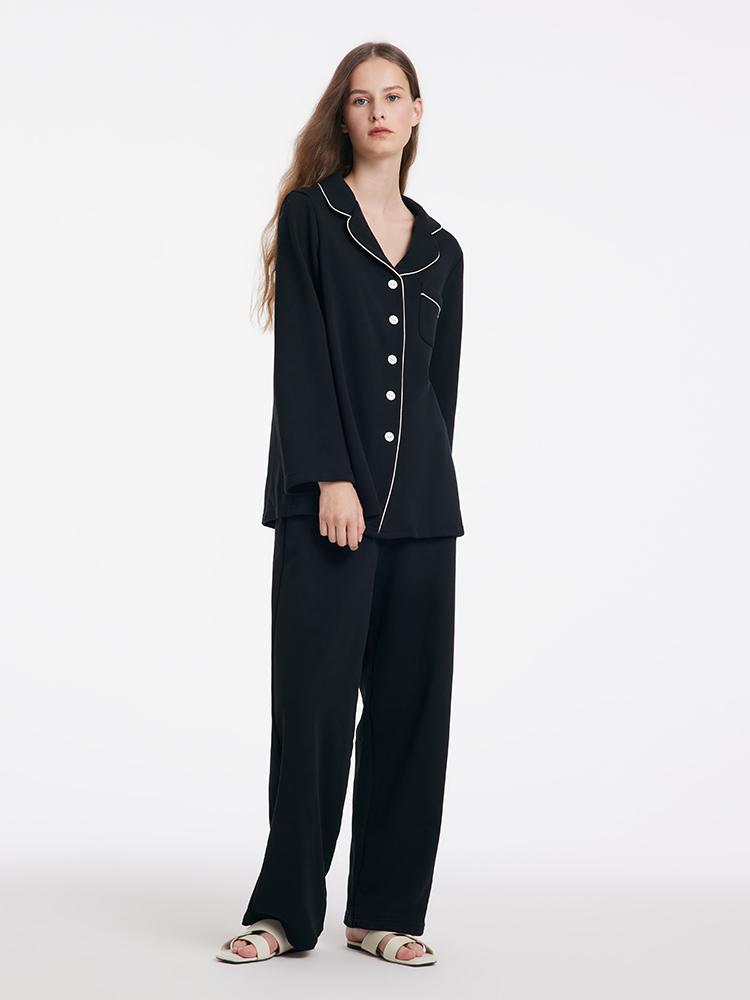 Black Long Sleeves And Pants Lapel Pajamas Two-Piece Set GOELIA