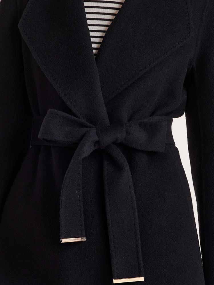 Tencel Wool Notched Lapel Mid-Length Coat With Belt GOELIA