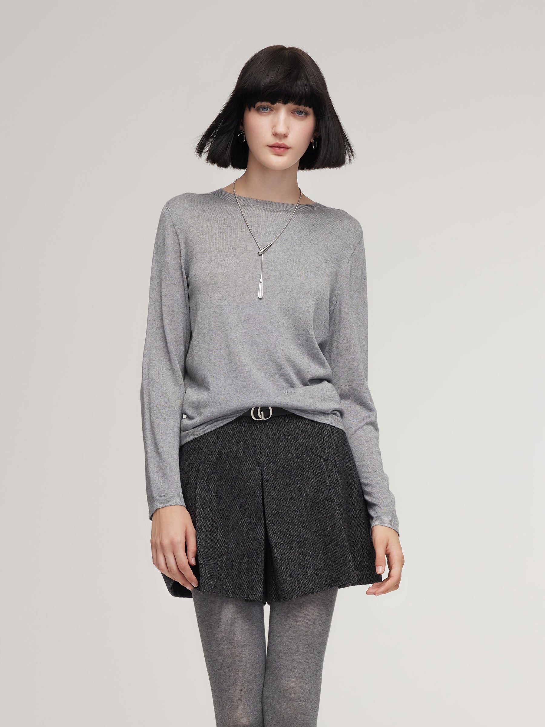 [Preview] Cashmere Mulberry Silk Lyocell Blend Crew Neck Women Knit Top GOELIA