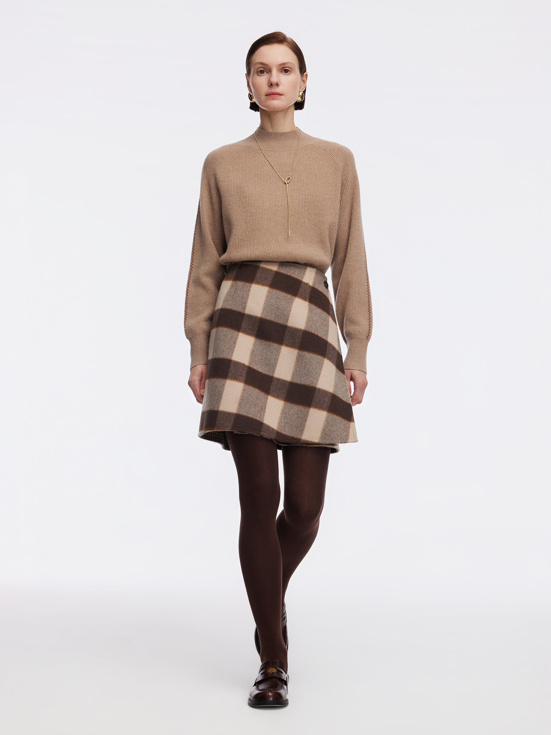 Cashmere Wool Blend Plaid Reversible Women A-Line Skirt GOELIA