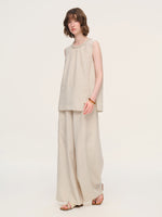 100% Linen Braided Neck Tank Top And Pants Two-Piece Set With Beaded Belt GOELIA
