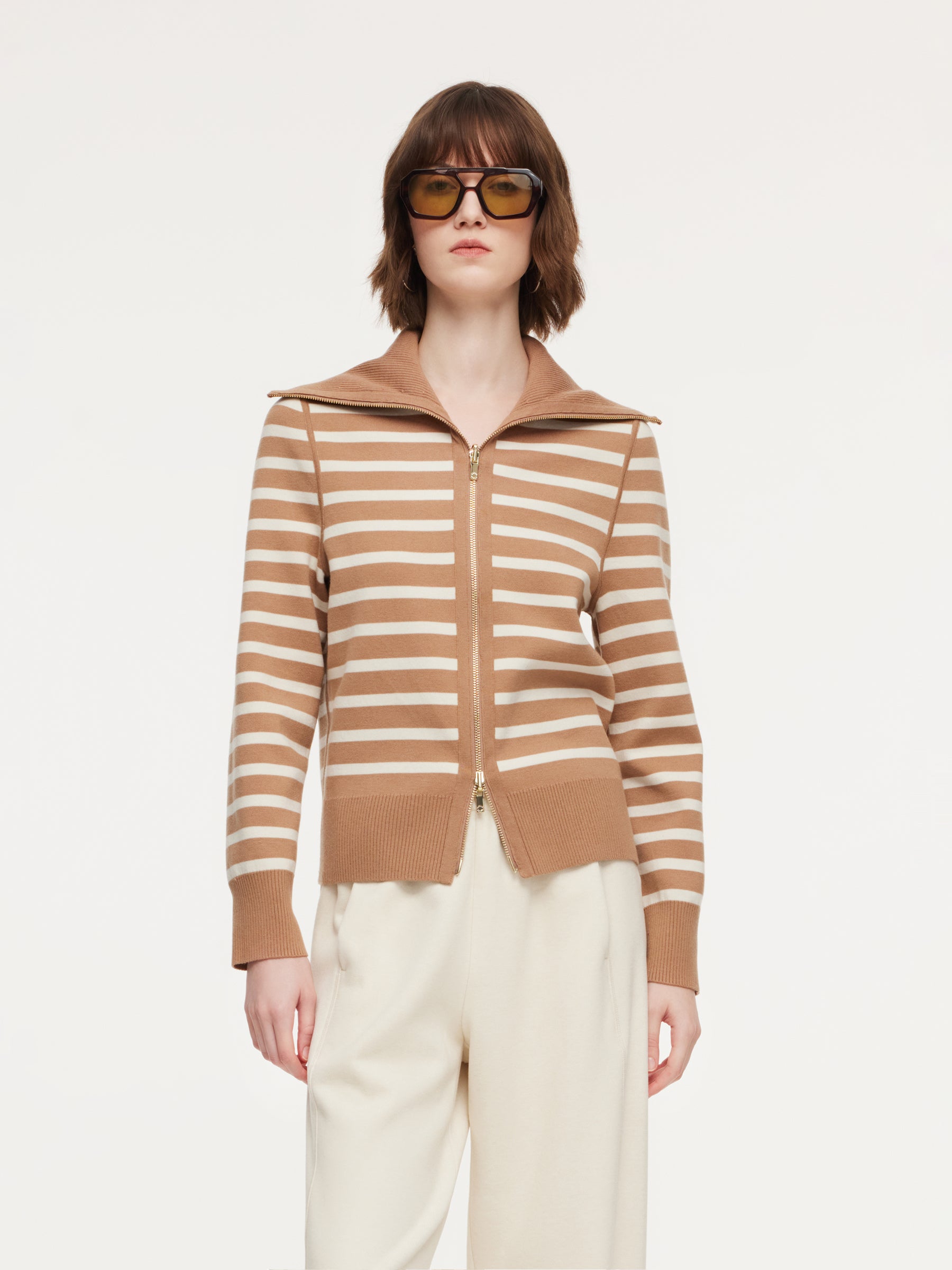 Lyocell Wool Blend Stripe Reversible Zip-Up Women Cardigan GOELIA