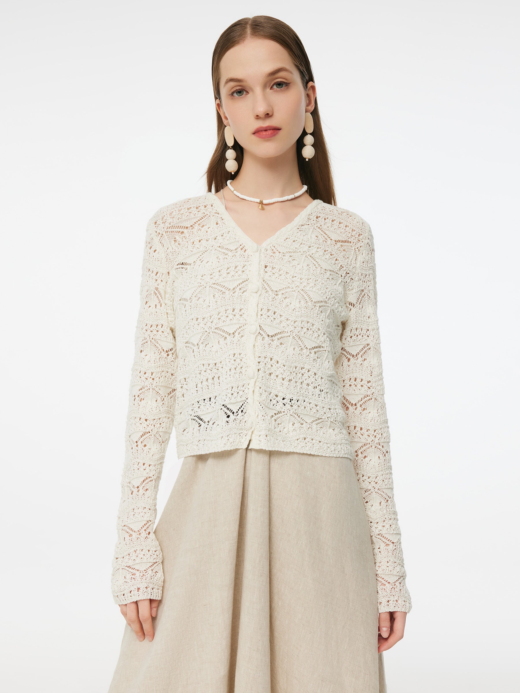 Linen Cotton Blend Women Openwork Cardigan GOELIA