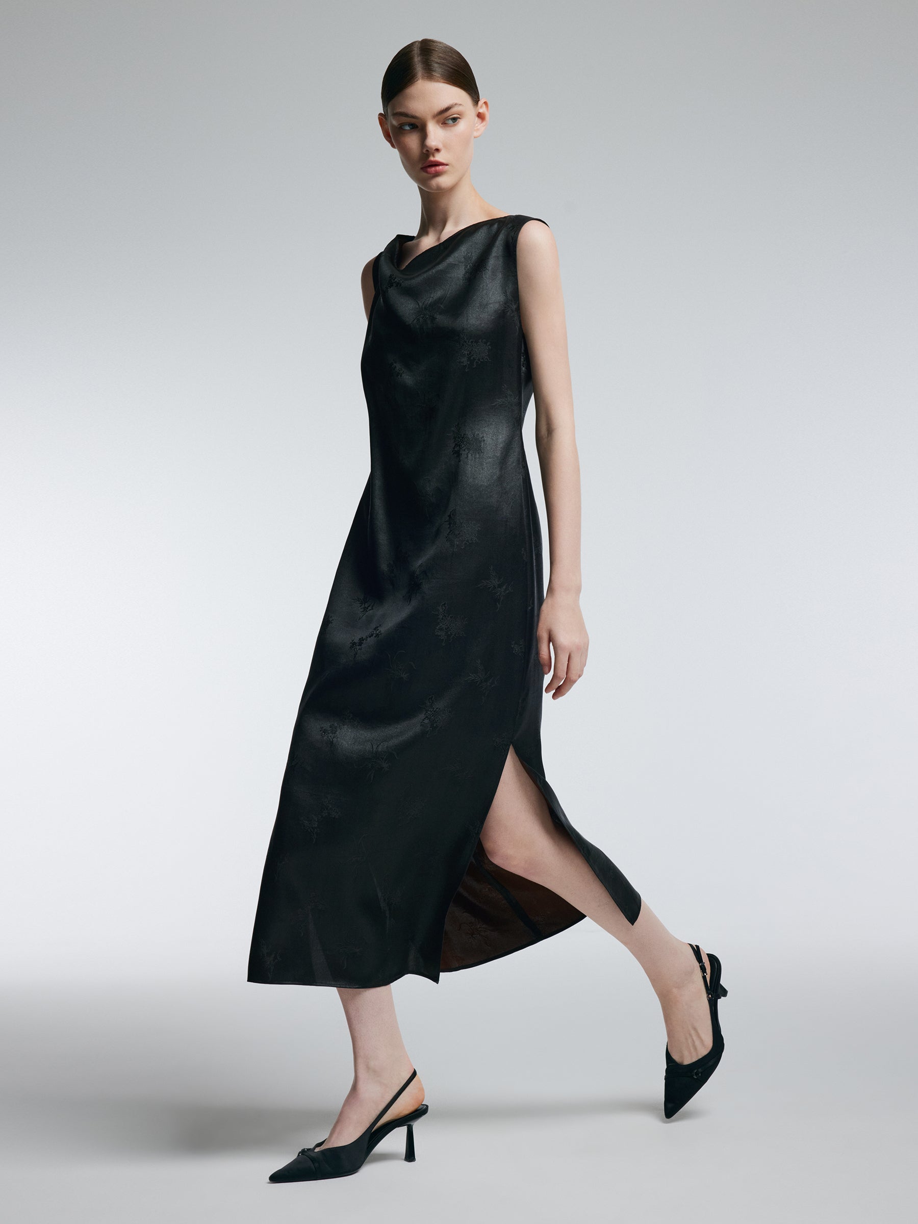 19MM Gambiered Canton Gauze Women Jacquard Cowl Neck Maxi Dress GOELIA