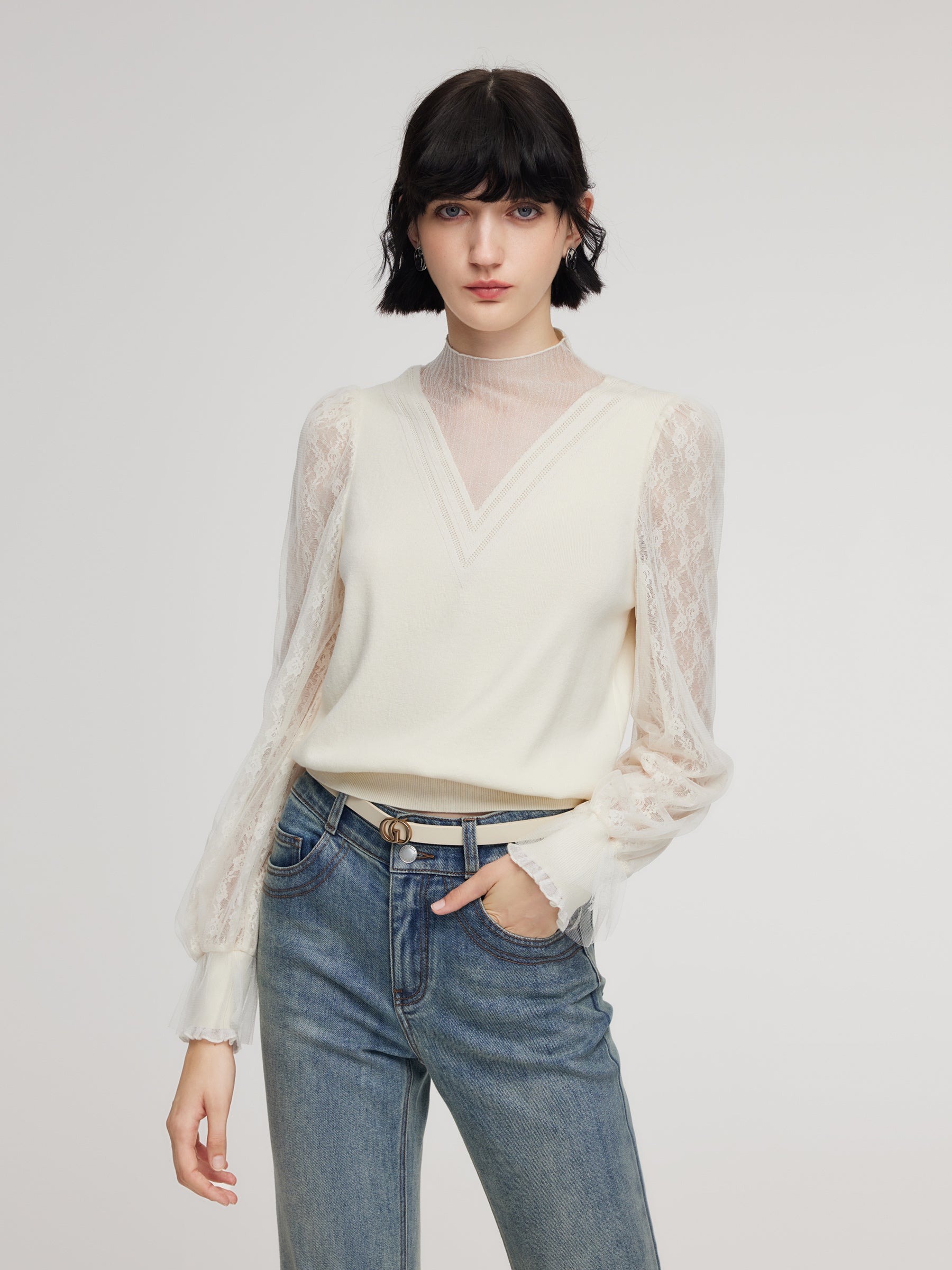 Tencel Wool Blend Lace Patchwork Women Knit Top GOELIA