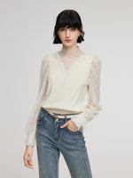 Tencel Wool Blend Lace Patchwork Women Knit Top GOELIA