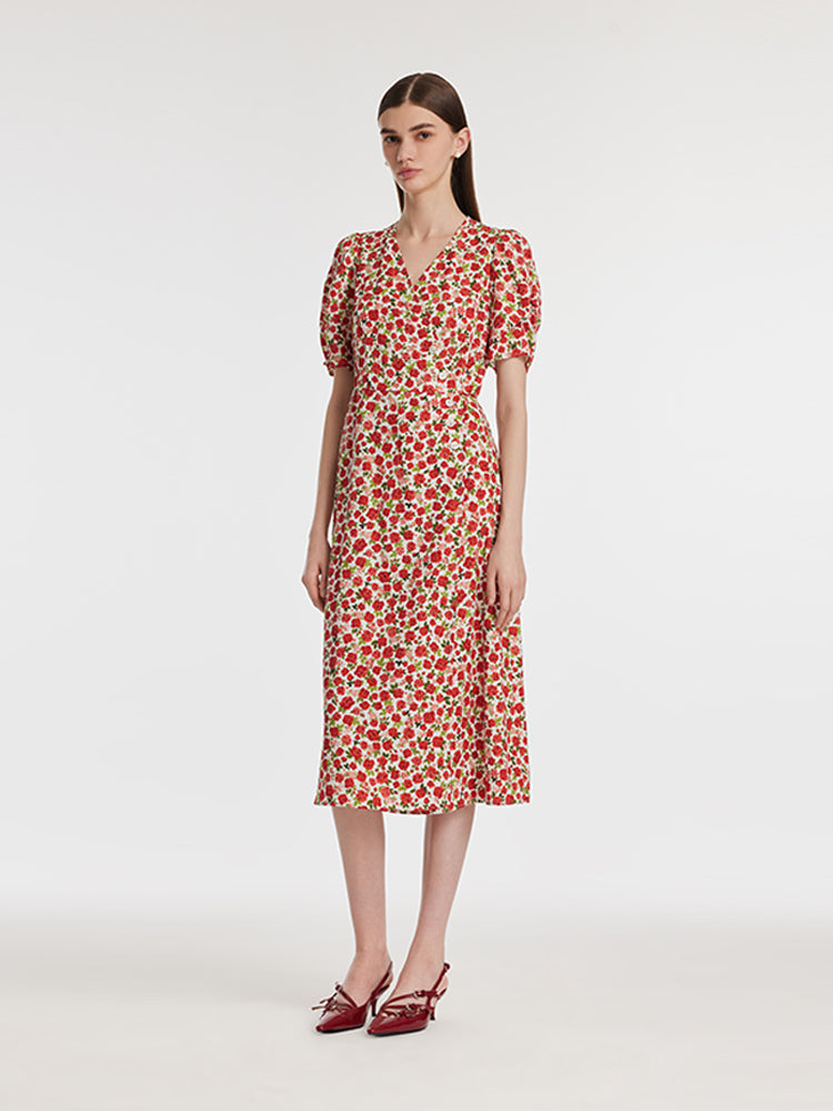 Rose Printed V-Neck Tied Women Midi Dress GOELIA