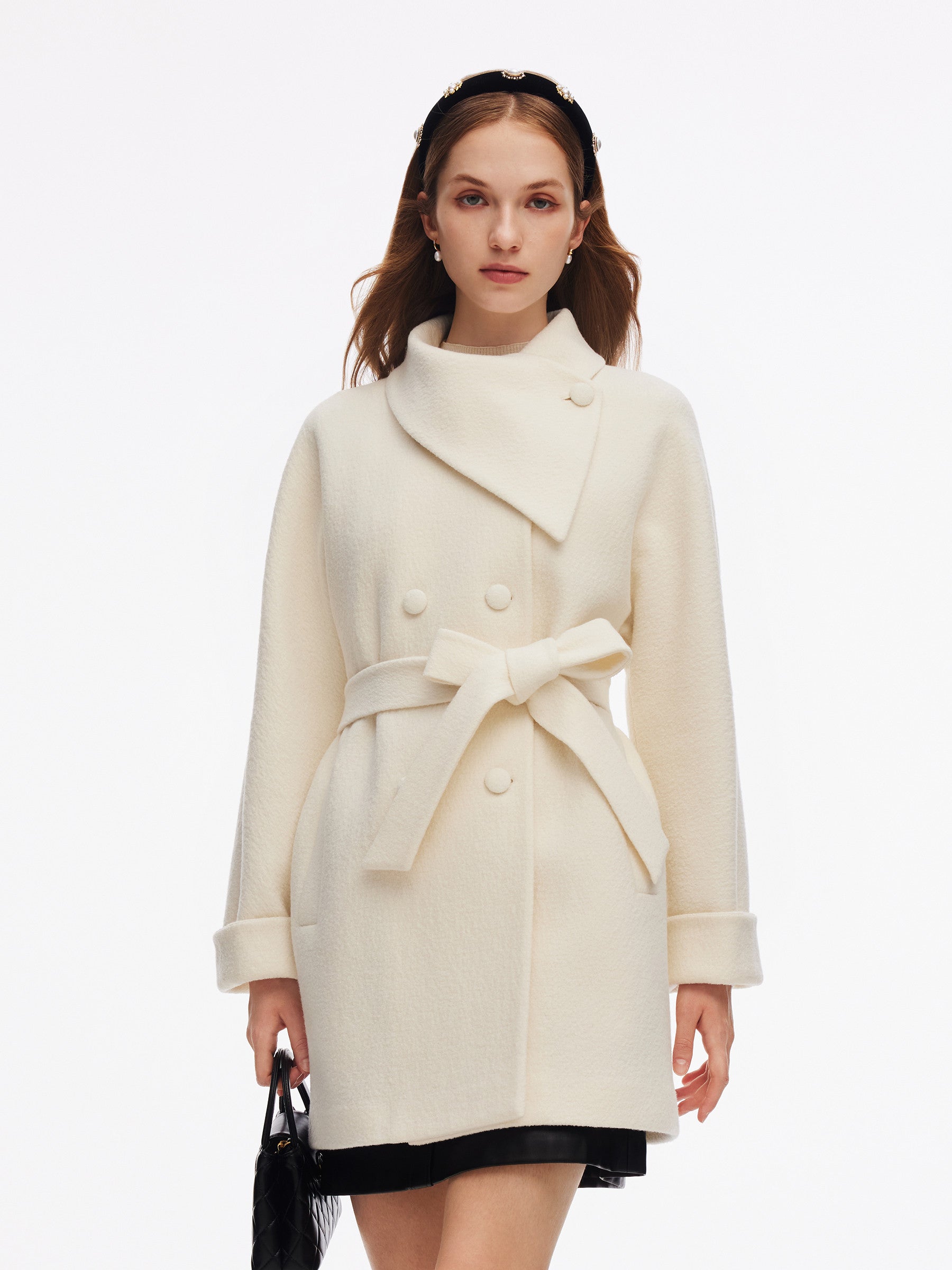 100% Wool Women Self-Tie Belt Women Coat GOELIA