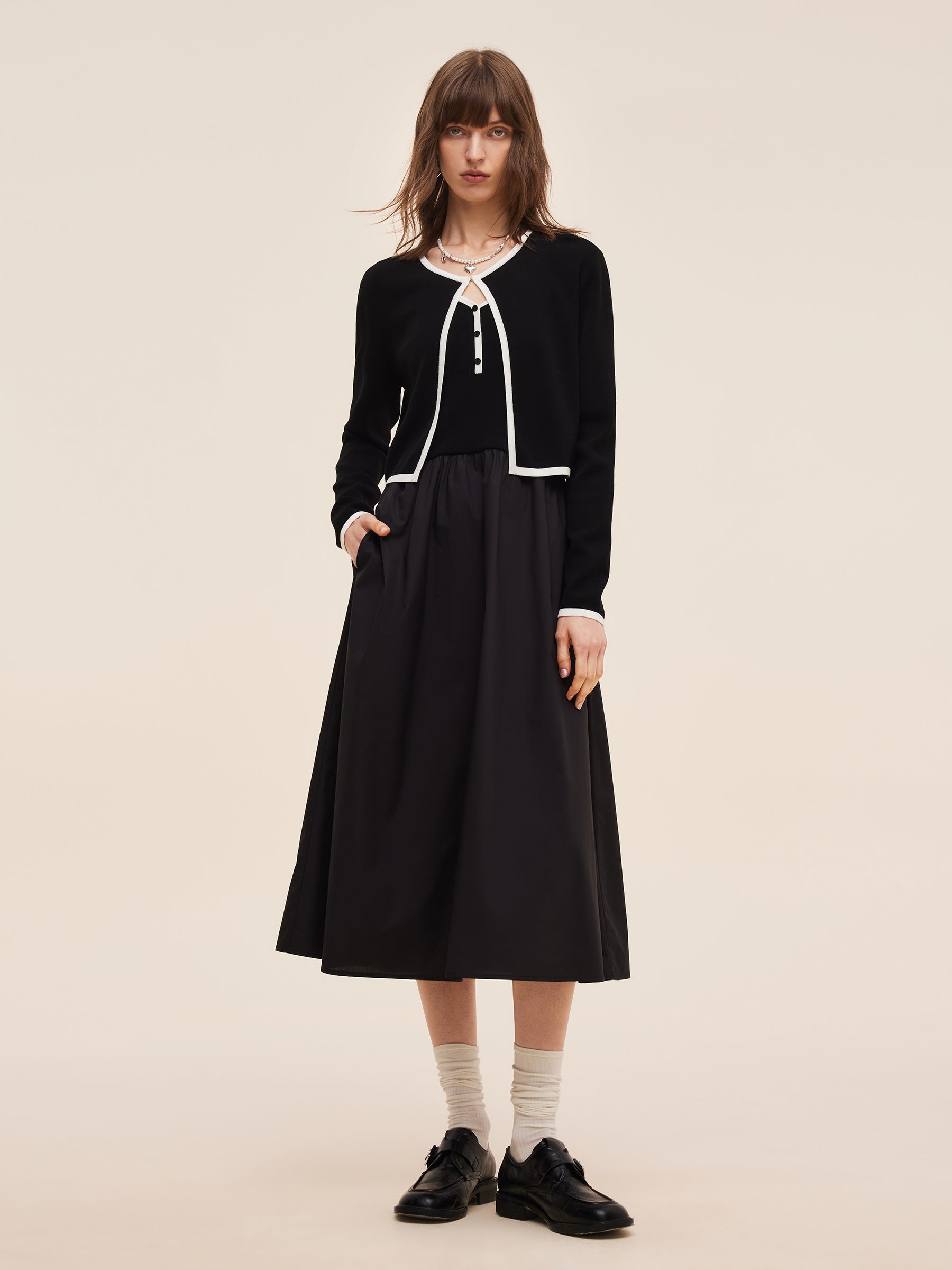 Lyocell Blend Cardigan And Patchwork Strap Maxi Dress Two-Piece Set GOELIA