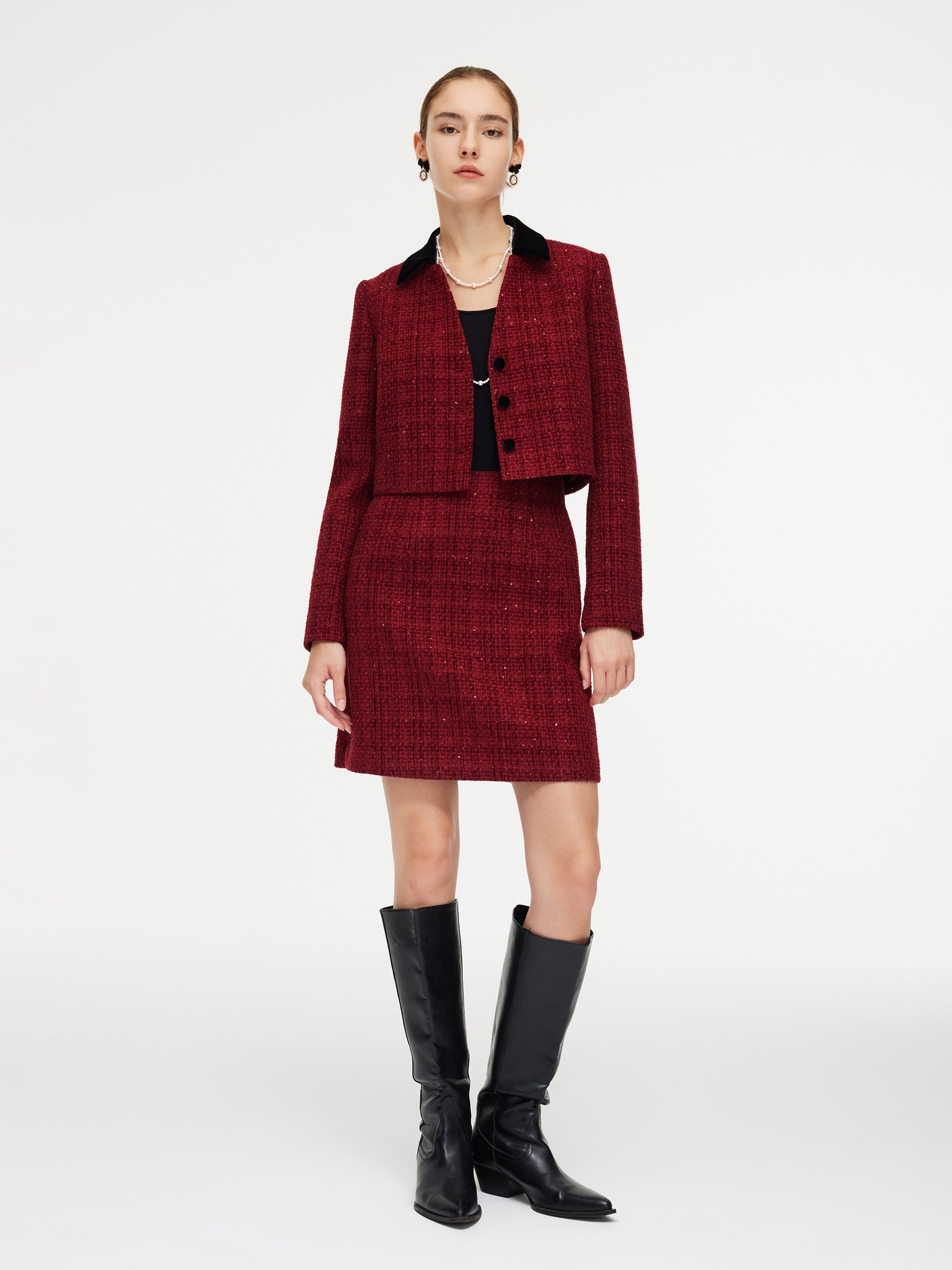 Wool Blend Tweed Sequins Jacket And Patchwork Mini Dress Two-Piece Set GOELIA