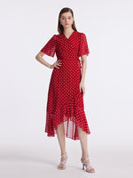 10 Momme Mulberry Silk Polka Dots Printed Wrapped Ruffle Women Midi Dress GOELIA
