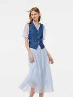 Denim Lyocell Patchwork Crop Jacket And Skirt Two-Piece Set GOELIA