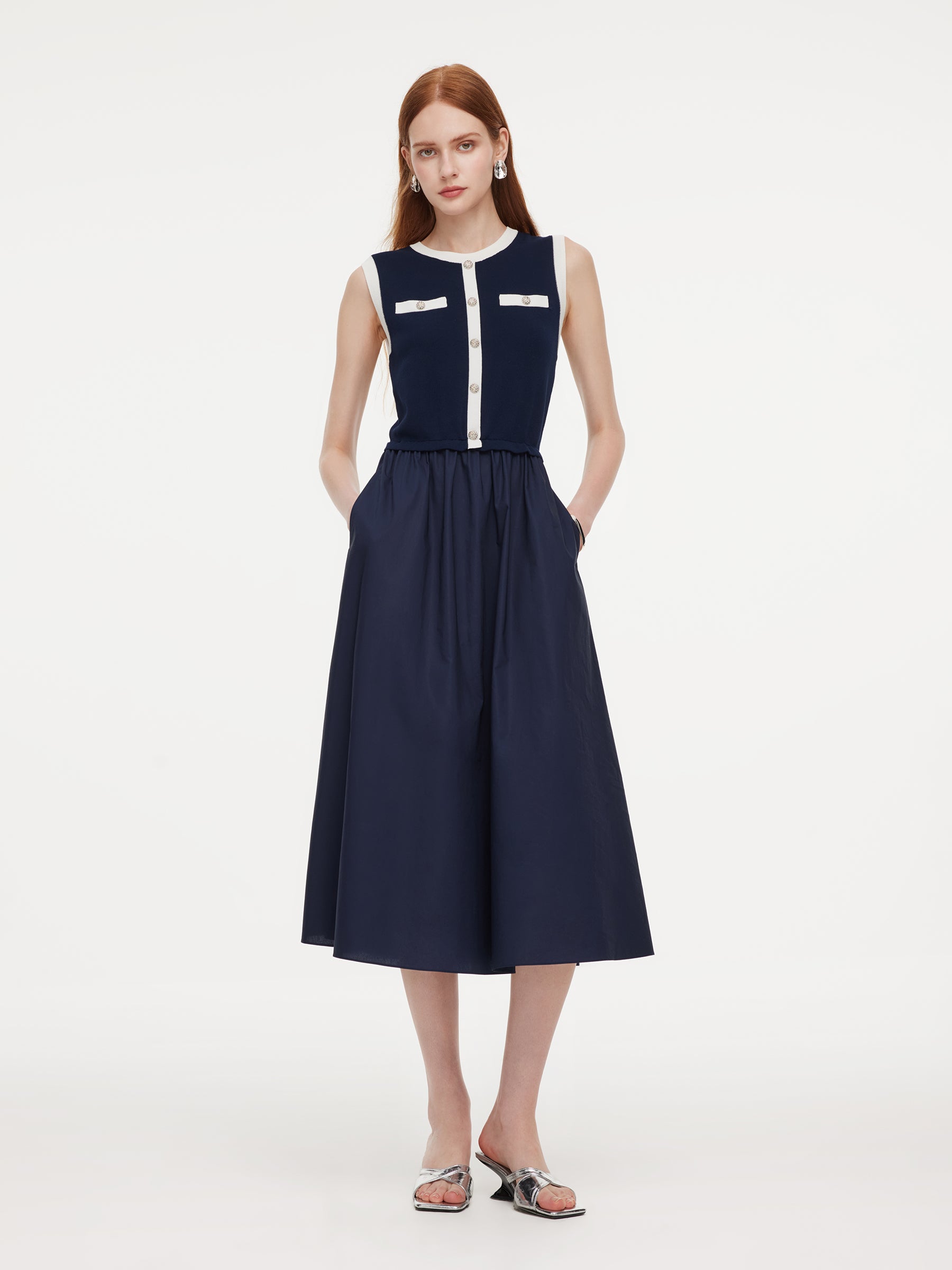 Lyocell Blend Contrast Trim Women Patchwork Sleeveless Maxi Dress GOELIA