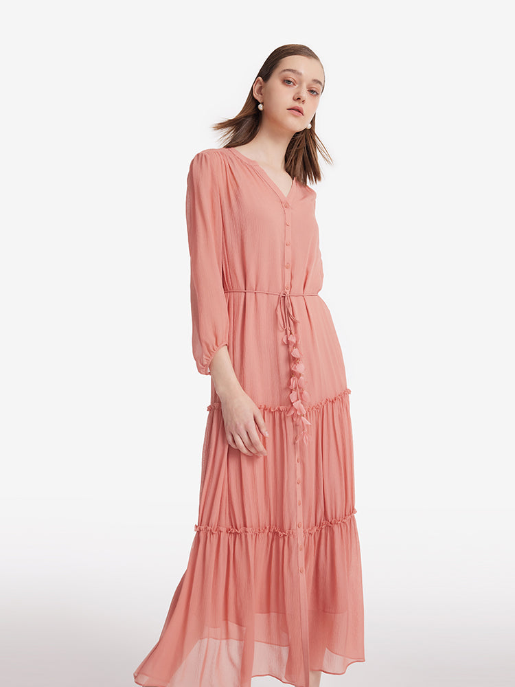 12 Momme Mulberry Silk Tiered Women Maxi Dress With Belt And Bottomed Spaghetti Strap Dress GOELIA