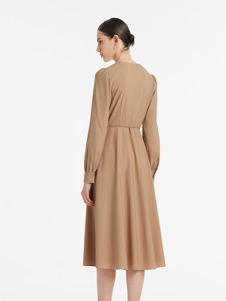 Wool-Silk Blend V-Neck Women Midi Dress GOELIA