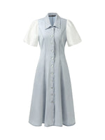 Denim Patchwork Women Puff-sleeved Midi Dress GOELIA