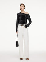 [Preview] Tencel Mulberry Silk Blend One Shoulder Women Stripe Knit Top GOELIA