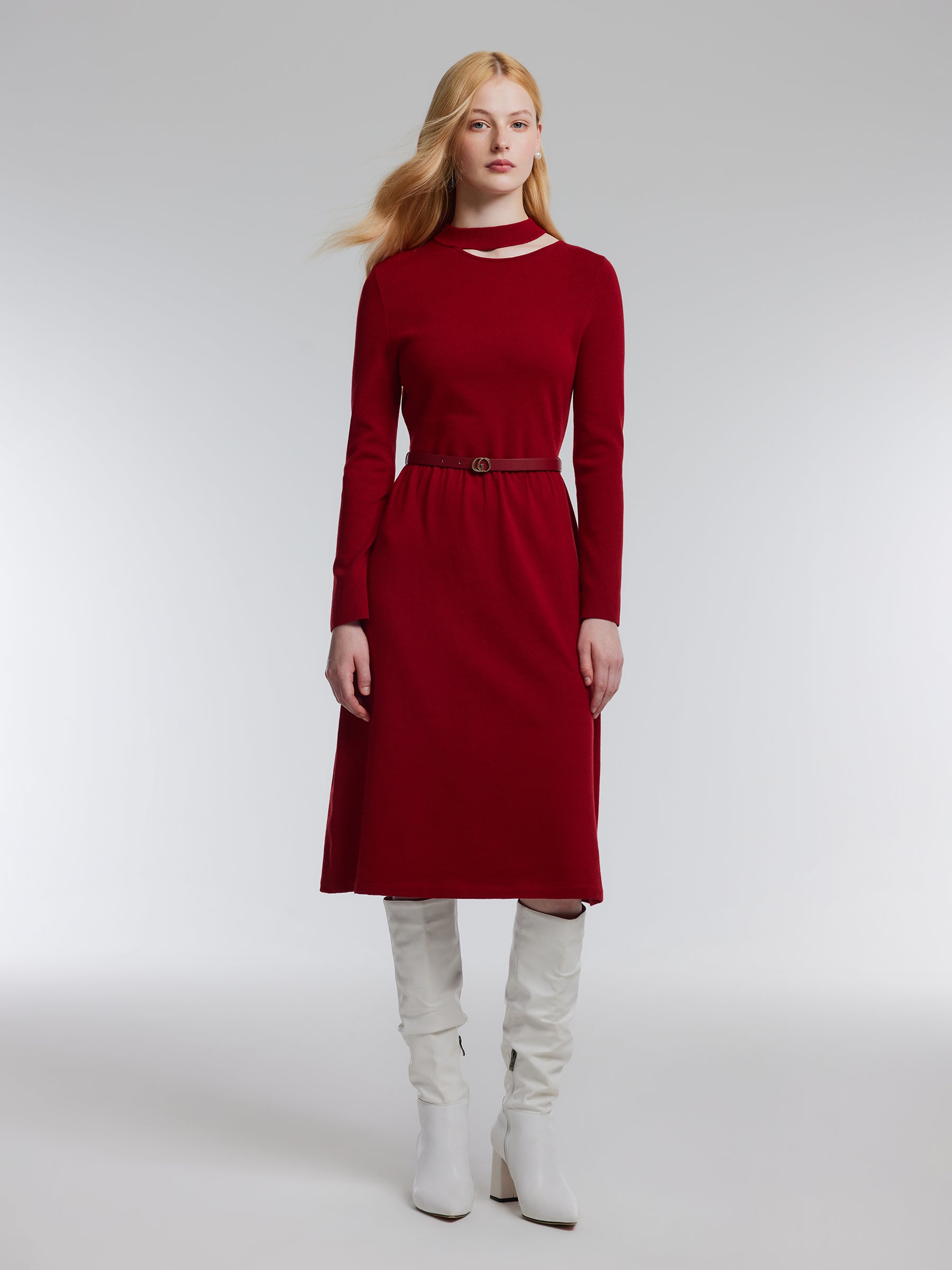 Lyocell Wool Blend Cut Out Women Knit Midi Dress With Belt GOELIA